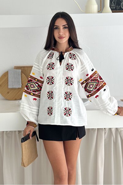 FEMELLE Women's White Ethnic Pattern Lace-Up Collar Bohemian Style Long Sleeve Embroidery Embroidered Cotton Blouse