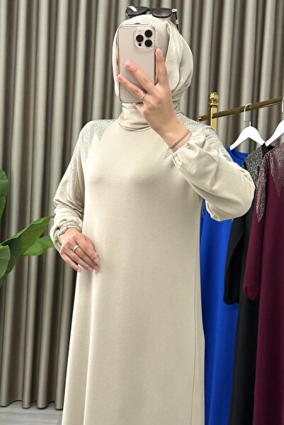 Mercan Omzu Taş Detaylı, Kristal Kumaş, Şık Elbise, Bej, EFRUZ ELBİSE