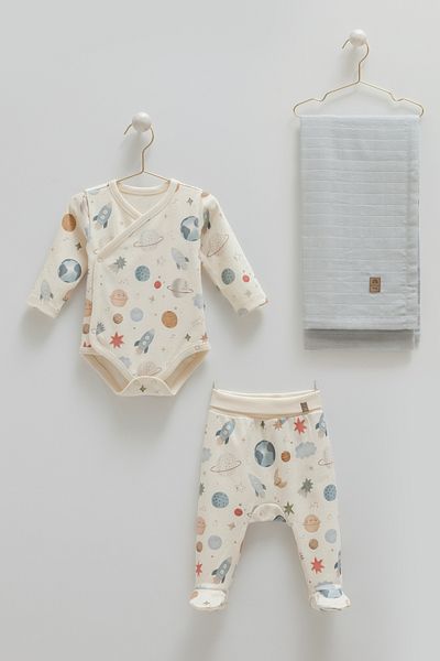 Caramell Newborn 3-Piece Gift Set 0-3 Months 100% Cotton Baby Bodysuit Set and Muslin Blanket (75-85)