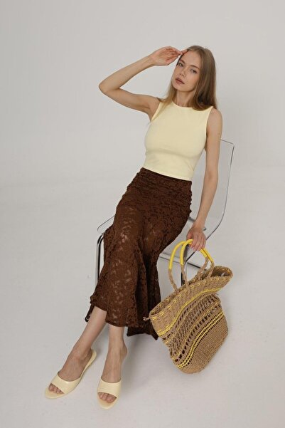 MODA ZERAFİNA Waist Elastic Lace Skirt - Brown