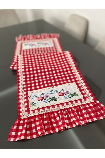 Parla Life Red Gingham Cross Stitch Ruffled Runner (Cross Stitch Patterns Vary)
