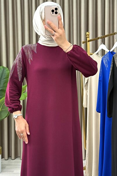 Mercan Omzu Taş Detaylı, Kristal Kumaş, Şık Elbise, Bordo, EFRUZ ELBİSE