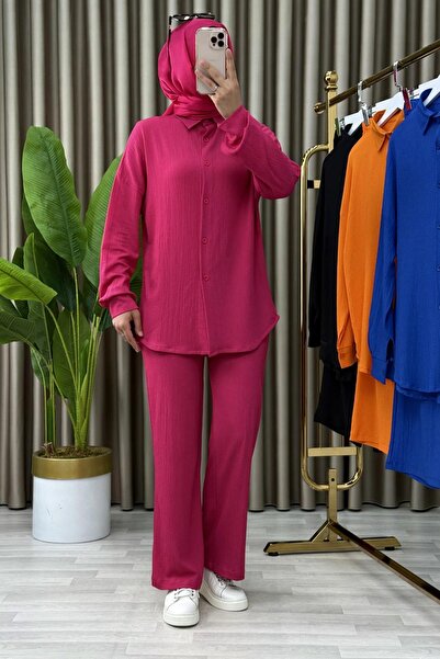 Mercan Fi̇dan Takim Fuşya Bürümcük Kumaş Tesettür Gömlek Ve Pantolon İkili T...