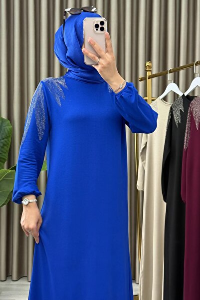 Mercan Omzu Taş Detaylı, Kristal Kumaş, Şık Elbise, Saks Mavisi EFRUZ ELBİSE