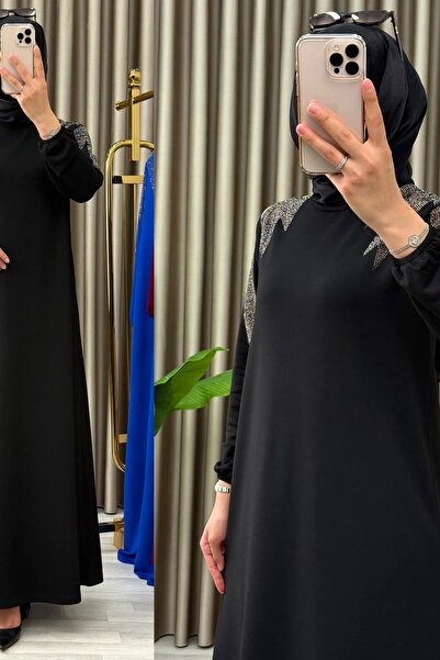 Mercan Omzu Taş Detaylı, Kristal Kumaş, Şık Elbise, Siyah EFRUZ ELBİSE