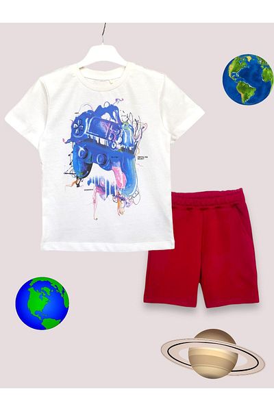 LİTTLE TORTOİSE Boy's Summer Console Patterned Crew Neck Shorts Suit