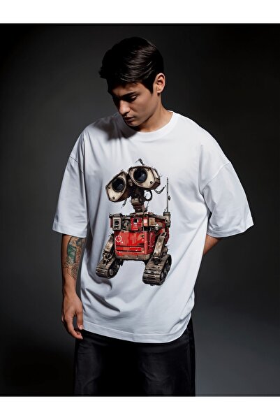 Pink Sky Unisex βαμβακερό λευκό oversize "Wall E" με στάμπα με λαιμόκοψη, άνετο καθημερινό μπλουζάκι