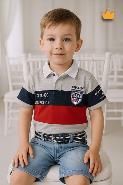 Babyhola 5-8 Years Old Boy's T-Shirt Belted Bermuda Shorts Holiday 2-Piece Summer Suit 23201 Gray