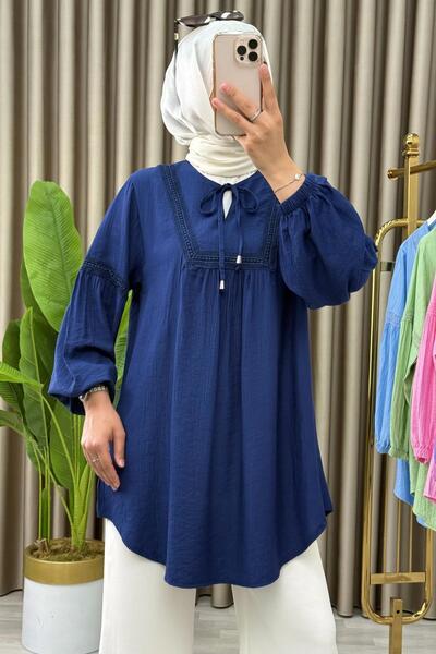 Mercan ŞURA GÖMLEK Lacivert Bağcıklı Tesettür Giyim Gömlek Çilek Kumaş Günlük Rahat Kesim
