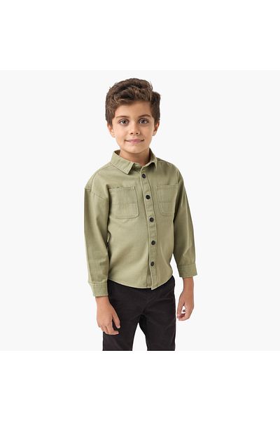 Juniors Solid Long Sleeves Collared Shirt with Pockets