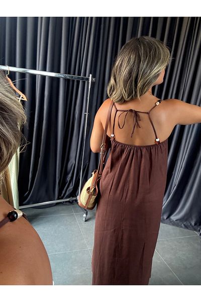 BÜŞRA PERKER Beaded Detailed Strap Linen Dress
