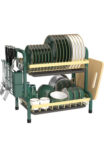 Arabest Dish Drying Rack with Tray, Two Layers, Carbon Steel Rack for Kitchen with Utensil Holder and Cup Ho