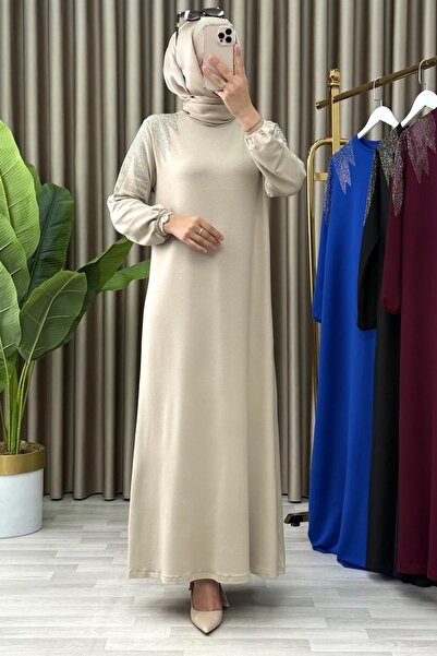 Mercan Omzu Taş Detaylı, Kristal Kumaş, Şık Elbise, Bej, EFRUZ ELBİSE