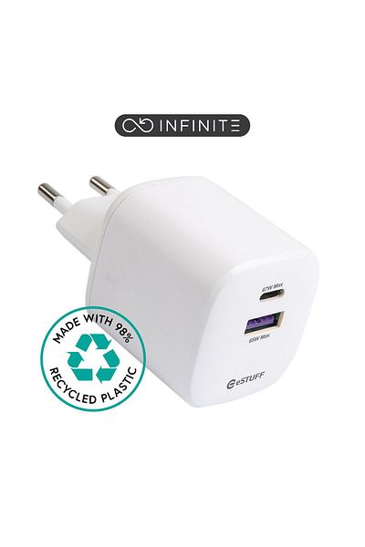 Inna marka eSTUFF INFINITE Ładowarka USB-C PD 67W GaN, 1xUSB-C, 1xUSB-A, Biała, 98% z recyklingu, ES637065