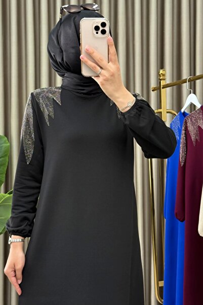 Mercan Omzu Taş Detaylı, Kristal Kumaş, Şık Elbise, Siyah EFRUZ ELBİSE