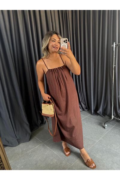 BÜŞRA PERKER Beaded Detailed Strap Linen Dress
