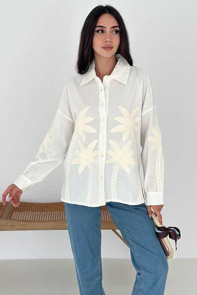 FEMELLE Women's Off Shoulder Palm Pattern Embroidery Embroidered Long Sleeve Cotton Shirt