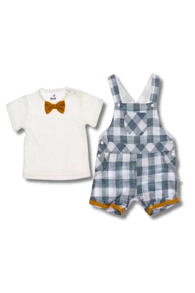 Baby Z Salopeta gri cu alb, bretele si papion bebelusi bumbac