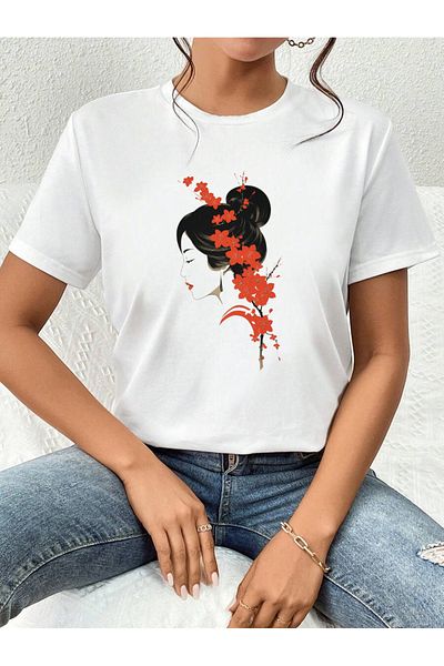 Pink Sky Cotton White Oversize T-Shirt Japanese Style Sakura Printed Comfortable Casual T-Shirt