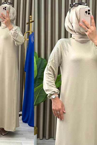 Mercan Omzu Taş Detaylı, Kristal Kumaş, Şık Elbise, Bej, EFRUZ ELBİSE