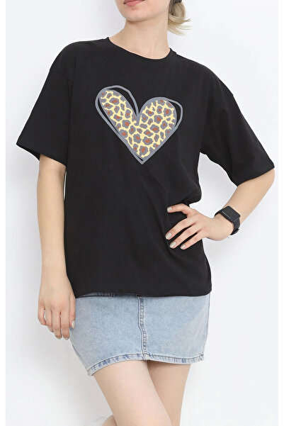 velmorafashion Velmora Special Design for Valentine's Day Leopard Heart B Printed T-Shirt - Black -