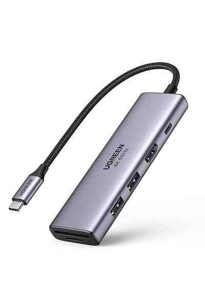 Ugreen HUB USB-C multifuncțional 6 în 1 - 2x USB HDMI 4K Cititor de carduri SD și TF USB-C PD 100W Gri