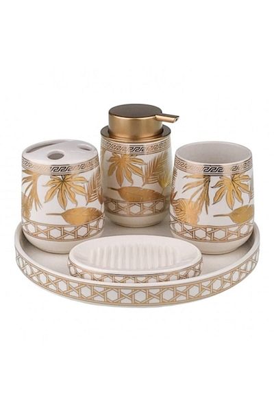 OEM Set 5 accesorii de baie, model Lux, Ceramica, 25x14cm, Alb-Auriu