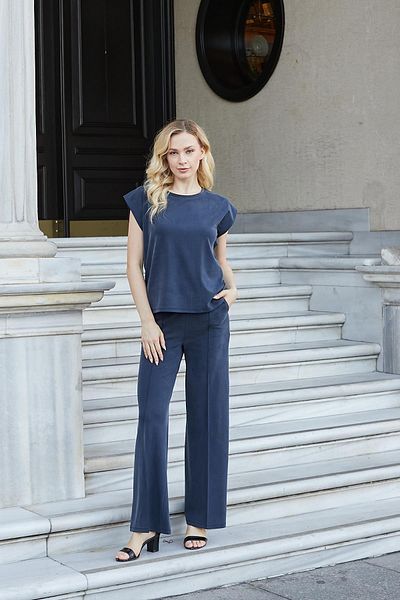 Jument Women's Modal Silky Lycra Fabric High Waist Front Stitching Pockets Wide Leg Palazzo Pants-Navy Blue