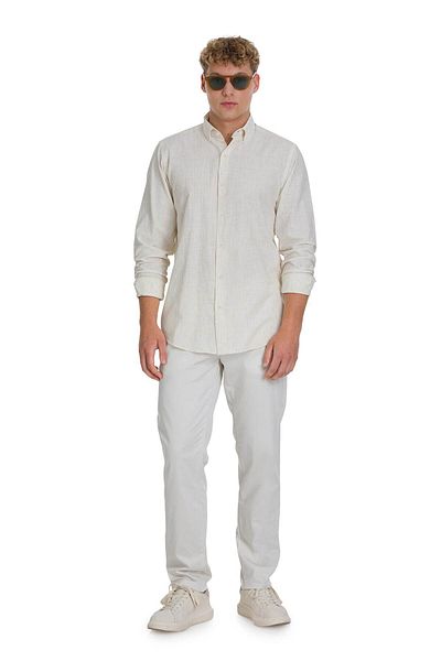 Hatemoğlu Beige Comfort Fit Striped Button Collar Cotton-Linen Long Sleeve Shirt