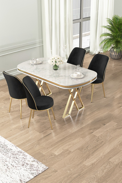 Canisa Lai Serisi 90x168 Rampla Gri Masa ve 4 Siyah Sandalye Gold Kaplama Ayak