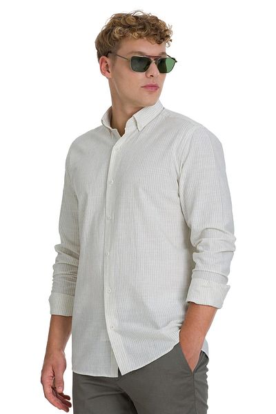 Hatemoğlu Khaki Comfort Fit Striped Button Collar Cotton-Linen Long Sleeve Shirt