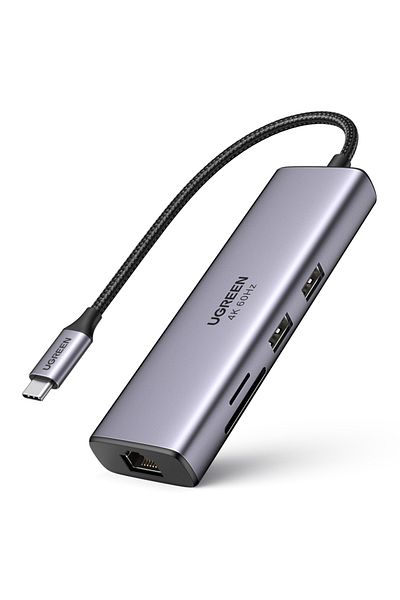 Ugreen HUB USB-C multifuncțional 7 în 1 - 2x USB HDMI 4K Cititor de carduri SD și TF USB-C RJ45 1Gbps Gri