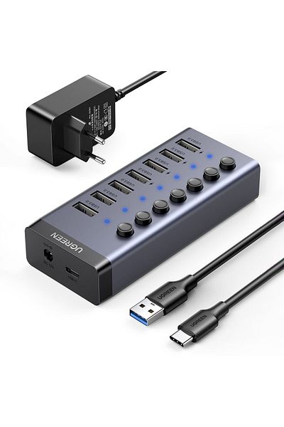 Ugreen Splitter HUB USB-C multifuncțional 7 în 1 - 7x USB 3.0 PD DC 12V Gri