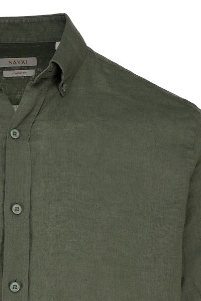 Hatemoğlu Khaki Comfort Fit 100% Linen Button Collar Long Sleeve Linen Shirt