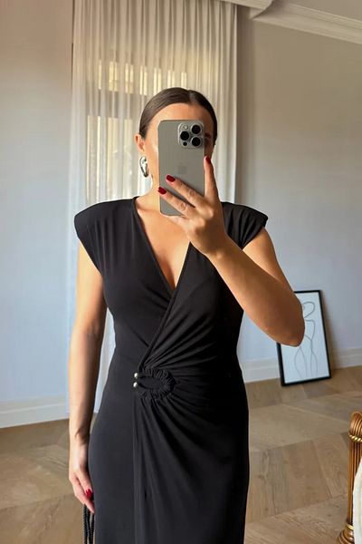 Tuba Butik Double Breasted Collar Padded Long Dress