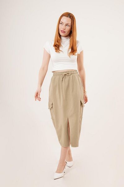 isez Khaki Skirt with Front Slit and Pocket Detail