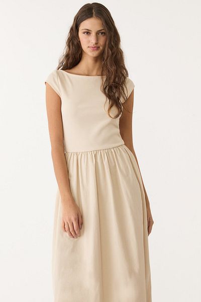 VODENS Women's Beige Contrast Pocket Detailed Midi Dress