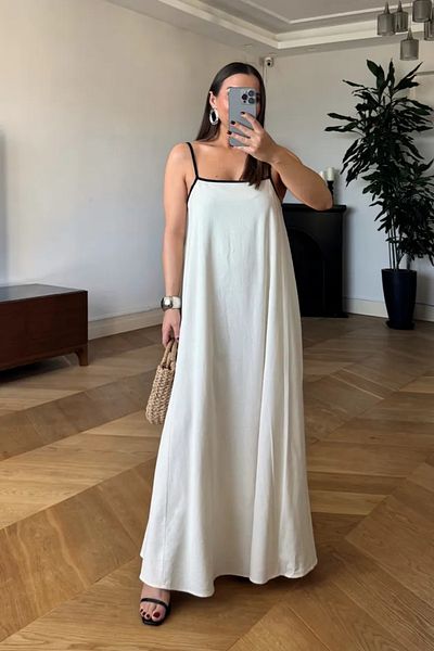 Tuba Butik Thin Strap Linen Look Long Dress