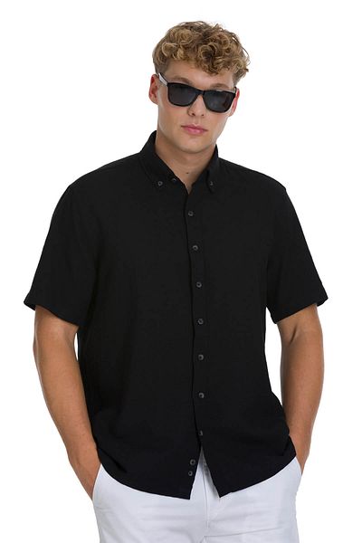 Hatemoğlu Black Comfort Fit 100% Cotton Button-Down Collar Short Sleeve Cotton Shirt