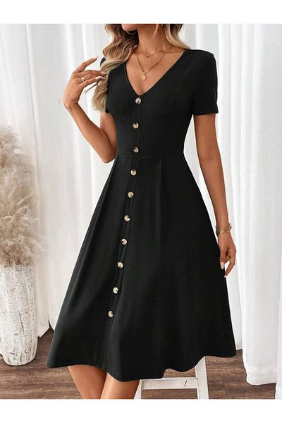 Viyamo New Season Women's Short Sleeve V-Neck Front Button A-Line Woven Dress