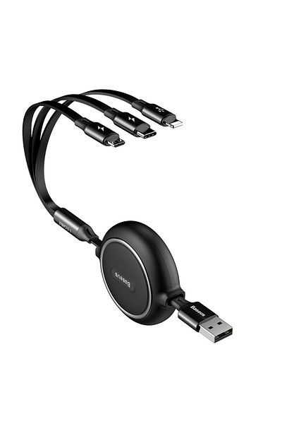 Baseus Cablu retractabil 3 în 1 USB MicroUSB iPhone Lightning USB-C 3.5A 35cm 120cm Negru
