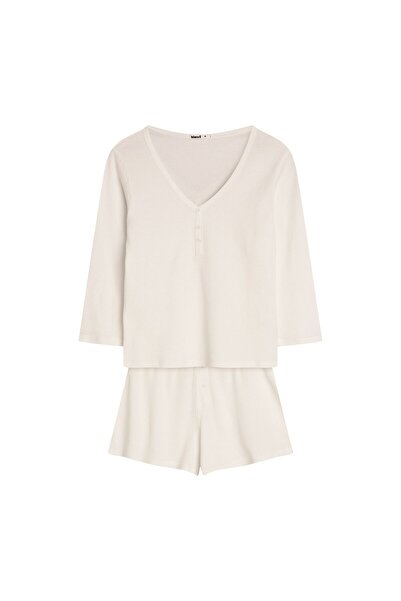 Bloovii Women's Pajama 2-Piece Set Waffle Structure 3/4 Sleeve T-Shirt & Shorts Buttons | Vaffle