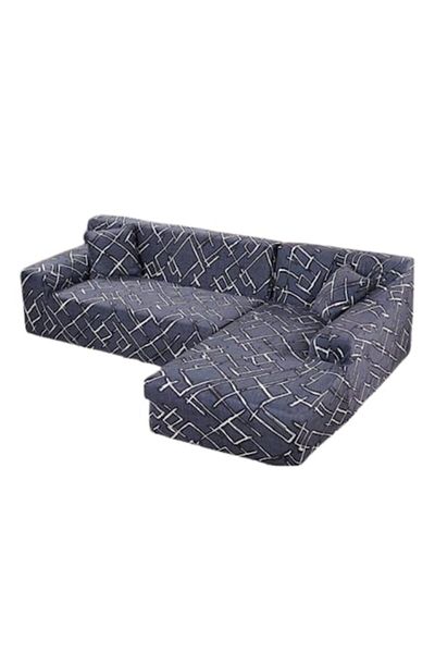 OEM Husă elastică pentru canapea de colț, Comfort, Elastan, 145x185cm/185x230cm, imprimeu gri, albastru-alb