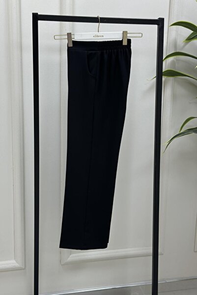 megapol Women's Black Bell Crepe Fabric Elastic Waist Wide Leg Trousers
