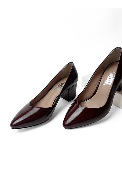 RABU Burgundy Patent Leather Women's Genuine Leather Pointed Toe Comfortable Fit Thick Heeled Shoes
