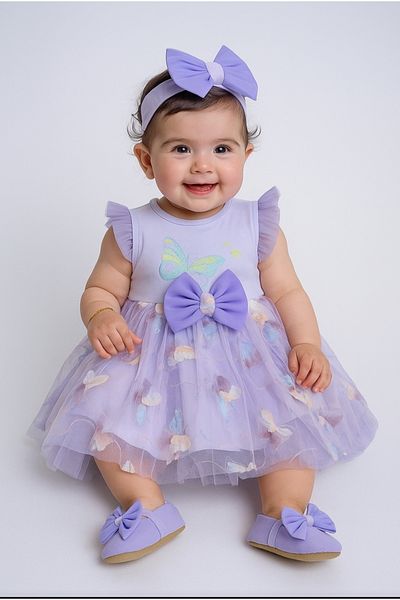 Serkon Baby Girl Bandana Lined Butterfly Applique Sequin Glitter Tulle Baby Evening Dress