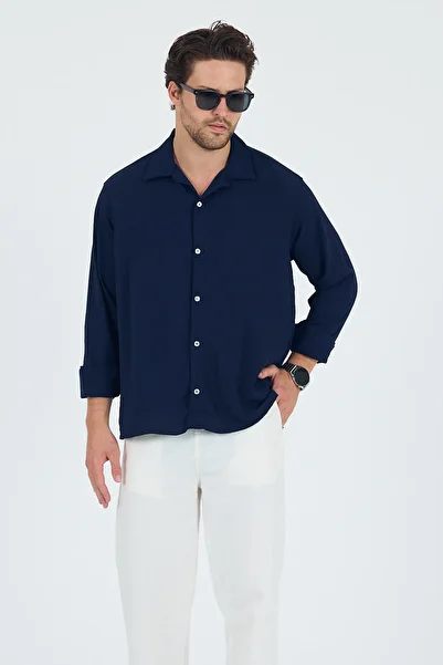 Trn JNS Синя літня сорочка з льону Oversize для чоловіків