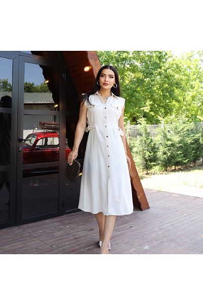 Modasultan Gold Buttoned Slim Fit Sleeveless Pocket Cover Midi Linen Pencil Dress