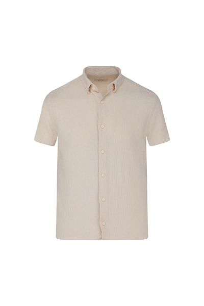 Hatemoğlu Ecru Comfort Fit 100% Cotton Hidden Button Collar Short Sleeve Shirt