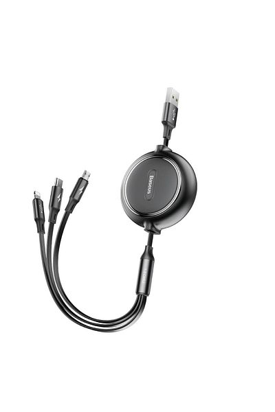 Baseus Cablu retractabil 3 în 1 USB MicroUSB iPhone Lightning USB-C 3.5A 35cm 120cm Negru